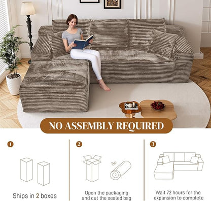 108" L Shaped Boneless Sectional Couches for Living Room, Comfy Corduroy Floor Cloud Sofa with Chaise, Wide Armrest, Deep Seat, Memory Foam, Assembly Free, Ideal for Small Spaces, Brown