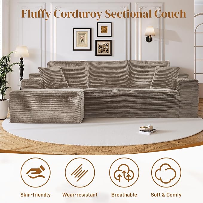 108" L Shaped Boneless Sectional Couches for Living Room, Comfy Corduroy Floor Cloud Sofa with Chaise, Wide Armrest, Deep Seat, Memory Foam, Assembly Free, Ideal for Small Spaces, Brown