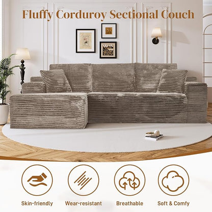 108" L Shaped Boneless Sectional Couches for Living Room, Comfy Corduroy Floor Cloud Sofa with Chaise, Wide Armrest, Deep Seat, Memory Foam, Assembly Free, Ideal for Small Spaces, Brown
