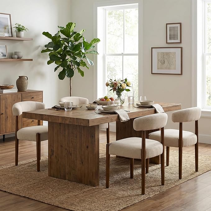 VKNOW Wooden Dining Chairs Set of 4, Modern Upholstered Dining Room Chairs with Walnut Wood Legs and Curved Backrest, Fabric Kitchen Chairs for Farmhouse/Living Room/Dining Room, Beige