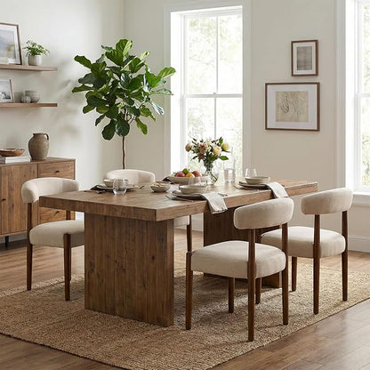 VKNOW Wooden Dining Chairs Set of 4, Modern Upholstered Dining Room Chairs with Walnut Wood Legs and Curved Backrest, Fabric Kitchen Chairs for Farmhouse/Living Room/Dining Room, Beige