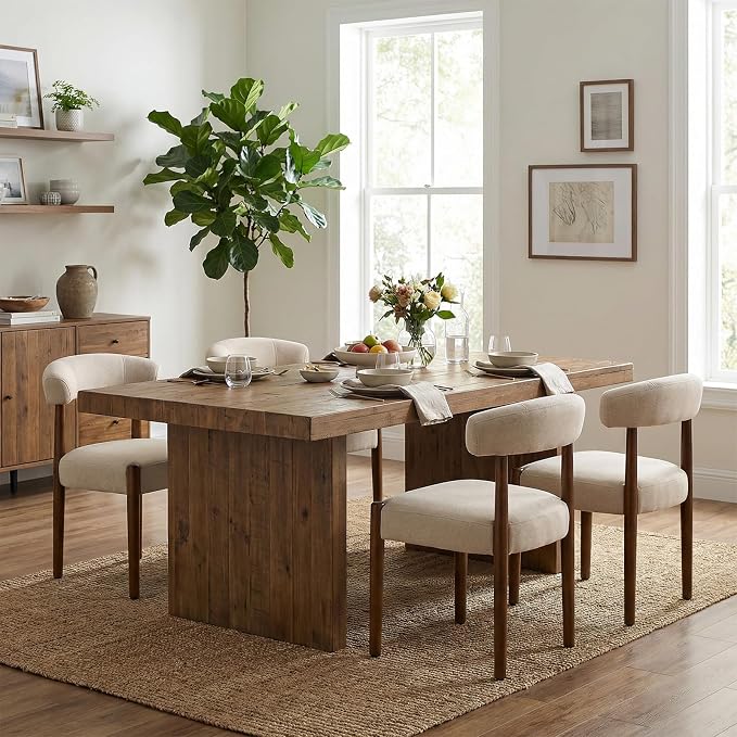 VKNOW Wooden Dining Chairs Set of 6, Modern Upholstered Dining Room Chairs with Walnut Wood Legs and Curved Backrest, Fabric Kitchen Chairs for Farmhouse/Living Room/Dining Room, Beige