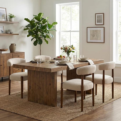 VKNOW Wooden Dining Chairs Set of 6, Modern Upholstered Dining Room Chairs with Walnut Wood Legs and Curved Backrest, Fabric Kitchen Chairs for Farmhouse/Living Room/Dining Room, Beige