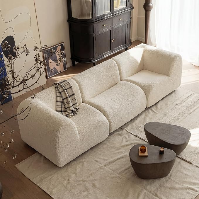 34" Curved Single Sofa Chair, Foam Boneless Sherpa Couch with Deep Seat, Comfy Teddy Sofas for Living Room, Bedroom, Apartment, Modern Sectional Modular Couches – No Assembly, White