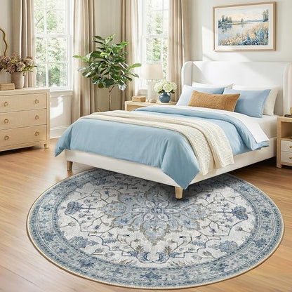 RELEANY Area Rugs Round 8ft Washable Non-Slip, Floral Vintage Distress Medallion Carpet for Living Room Bedroom Dining Room, Light Blue Navy Gray White