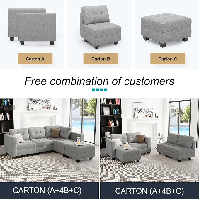 Belffin Light Grey L Shape 5-Seat Modular Sectional Sofa with Storage, Reversible Chaise, Adjustable Backrest, Cotton & Polyester
