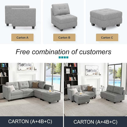 Belffin Light Grey L Shape 5-Seat Modular Sectional Sofa with Storage, Reversible Chaise, Adjustable Backrest, Cotton & Polyester