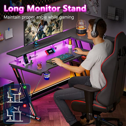 Korfile 47 Inch Gaming Desk with Power Outlet & LED Lights, Corner Computer Desk with 3 Tiers Storage Shelves, Home Office Desk with Monitor Stand for Small Space, Carbon Fiber Black