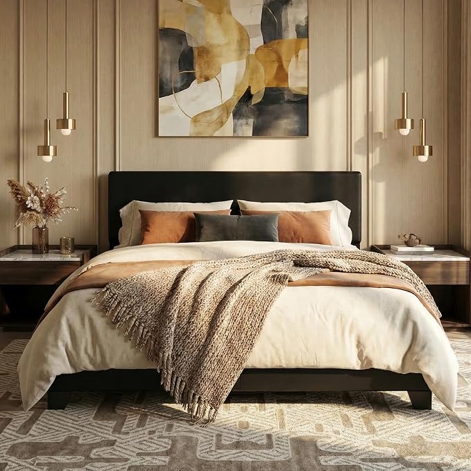 SHA CERLIN PU Leather Upholstered Queen Size Bed Frame with Headboard,Black | Adjustable Low-Profile Platform Bed, Minimalist Design, Stable Mattress Foundation, Strong Back-Support, No Box Spring Needed