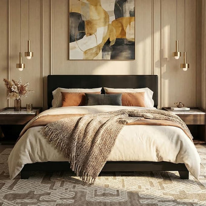SHA CERLIN PU Leather Upholstered Queen Size Bed Frame with Headboard,Black | Adjustable Low-Profile Platform Bed, Minimalist Design, Stable Mattress Foundation, Strong Back-Support, No Box Spring Needed