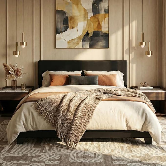 SHA CERLIN PU Leather Upholstered Queen Size Bed Frame with Headboard,Black | Adjustable Low-Profile Platform Bed, Minimalist Design, Stable Mattress Foundation, Strong Back-Support, No Box Spring Needed