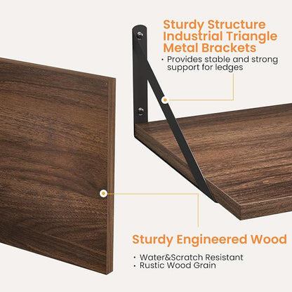 Heimlove 12 Inch Deep Floating Shelves for Wall, 16W x 12D Wood Wall Shelves Set of 2, Walnut Wide Floating Bookshelf for Living Room, Kitchen, Office, Bedroom, with Black Metal Bracke - Walnut