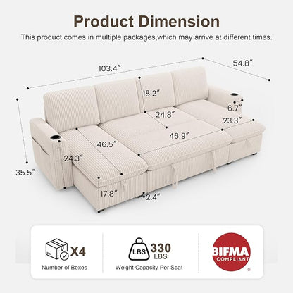 Sectional Sleeper Sofa with Pull Out Bed, Plush Corduroy Sectional Sofa with Double Storage Chaise and Adjustable Backrest, Cloud Sectional Couches for Living Room, Apartment, Beige