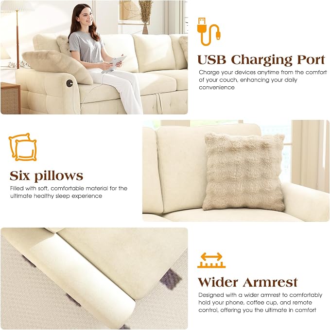 Ihanherry Large U-Shaped Sectional Sofa Bed, 8-Seater Convertible Sleeper with Storage Ottoman & 6 Pillows, USB Charging Ports, Premium Chenille Fabric for Big Living Room, Family Theater（Beige）