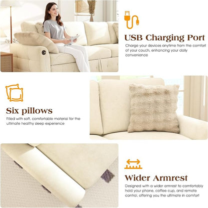 Ihanherry Large U-Shaped Sectional Sofa Bed, 8-Seater Convertible Sleeper with Storage Ottoman & 6 Pillows, USB Charging Ports, Premium Chenille Fabric for Big Living Room, Family Theater（Beige）
