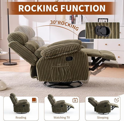 Plush-Soft Velvet 360° Swivel Rocking Chair Nursery Recliner - High Back Gliding Recliner Chair, Plush Footrest, Supportive Armrests & Side Storage Pocket, Ideal for Nursery & Living Room, Green