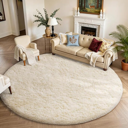 Ophanie Round Rugs 8Ft Ivory Circle Area Rug Washable, Large Living Room Aesthetic Decor, Fluffy Fuzzy Bedroom Big Carpet,Plush Soft Shaggy Cream for Kids Home Nursery with Over 99 pcs Pile fibers