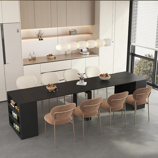 Extendable Foldable Dining Room Table for 1-12 People, Wood Multifunctional Rectangle Expandable Console Kitchen Living Meeting Room Furniture, Black