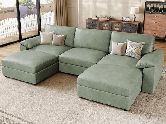 EASE MOOSE Deep Seat Sectional Couch, Scratch Resistant Faux Leather Material, 5-Seat Oversized Modular Sofa for Living Room,U Shaped Classic Comfy Sofas for Living Room,Green