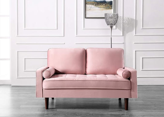 Container Furniture Direct Womble 58 Inch Velvet Loveseat Sofa with Elegant Button Tufted Upholstery, Square Arms, Splayed Wood Legs, Includes Matching Bolster Pillows, Rouge