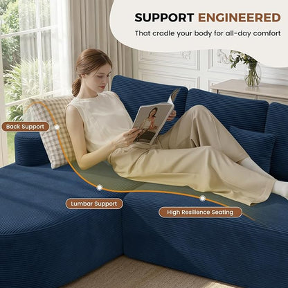112" Modular Curved Sofa, Oversized Couches for Living Room, Modern Cloud Couch with Deep Seat, Corduroy Foam Couch, No Assembly Required, Navy Blue, 1PCS