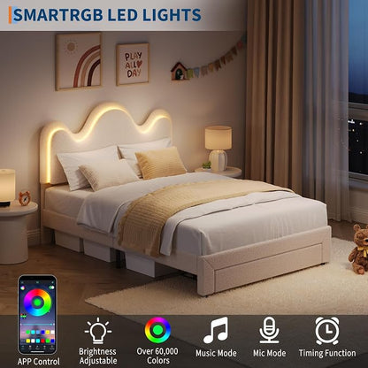 IDEALHOUSE Full Bed Frame with LED Headboard and Under-Bed Drawer, Metal Upholstered Platform Bed with LED Light for Kids, Girls, Lamb Fleece Fabric, Wooden Slats Support, No Box Spring Needed, White