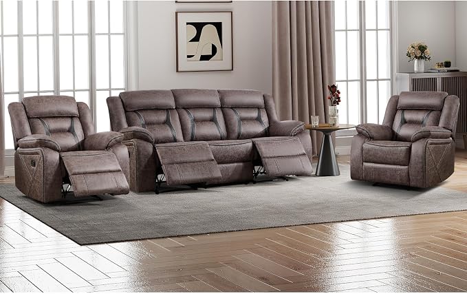 EBELLO Faux Leather Recliner Sofa Furniture Set for Living Room, 2 Recliner Chairs, 3 Seat Reclining Sofa Couch Set for Meeting Room, Grey