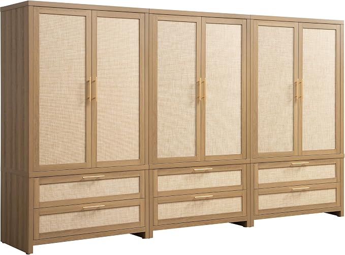 SICOTAS Armoire Wardrobe Closet, Larger Rattan Armoires Wardrobe Cabinet with 2 Drawers and Hanging Rod, Tall Closet Storage Cabinet for Cloak Room, Laundry Room, Bedroom, Oak (3 Pieces)