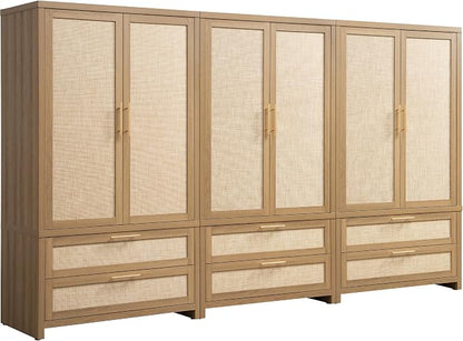 SICOTAS Armoire Wardrobe Closet, Larger Rattan Armoires Wardrobe Cabinet with 2 Drawers and Hanging Rod, Tall Closet Storage Cabinet for Cloak Room, Laundry Room, Bedroom, Oak (3 Pieces)