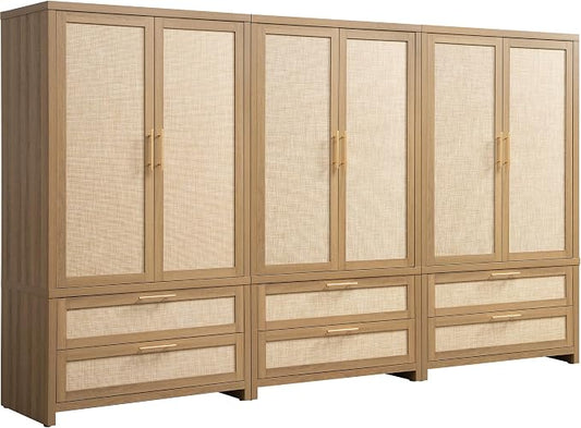 SICOTAS Armoire Wardrobe Closet, Larger Rattan Armoires Wardrobe Cabinet with 2 Drawers and Hanging Rod, Tall Closet Storage Cabinet for Cloak Room, Laundry Room, Bedroom, Oak (3 Pieces)