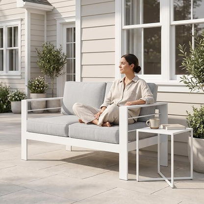 Wisteria Lane Aluminum Outdoor Sofa, Loveseat Sofa Patio Couch All-Weather Rust-Proof Modern Metal Patio Furniture with 5" Thick Olefin Cushions, Light Grey