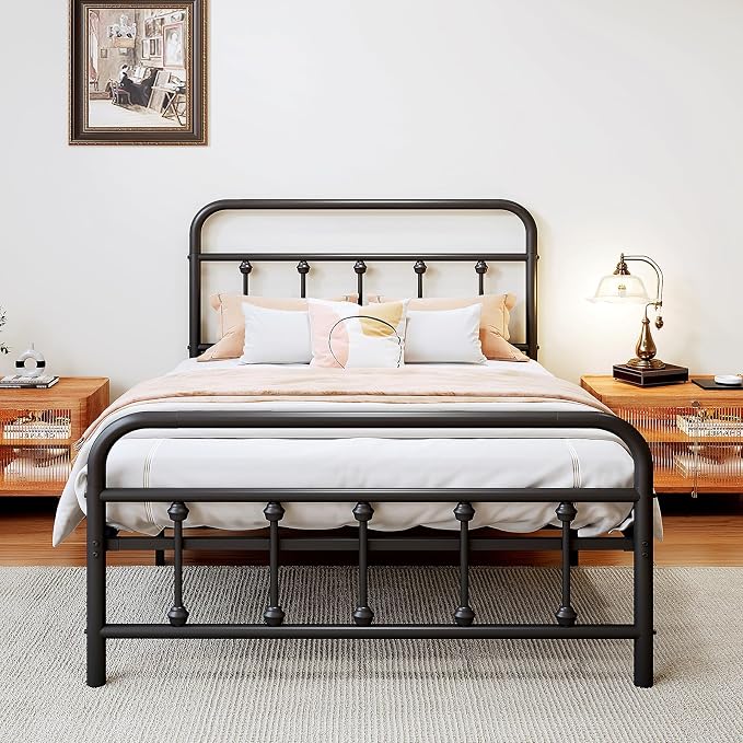 Vengarus Twin Metal Bed Frame with Victorian Headboard & Footboard, Black | 14" Twin Metal Platform Frame, Heavy Duty Steel Slat Support, Noise Free, No Box Spring Needed, Easy Disassembly & Transport