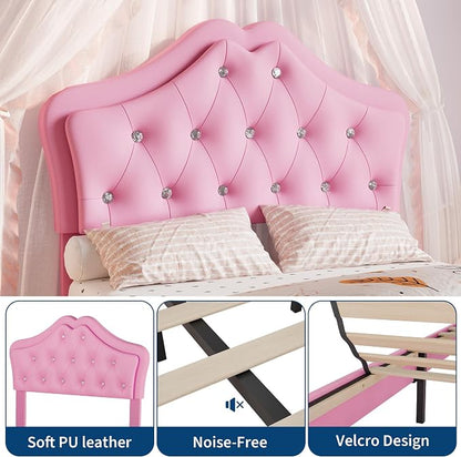 Garvee Twin Size Bed Frame with LED Lights & Velvet Crystal Button Headboard, Upholstered Princess/Girl Platform Bed with Storage Drawer, Noise Free, No Box Spring Needed for Kids, Teens, Pink