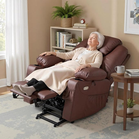 MCombo Power Lift Recliner Chair for Elderly, Lift Chair with Heat and Massage, FSC Certified, USB Ports, Cup Holders, Faux Leather 7141 (Light Brown, Small)