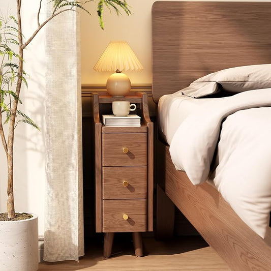 Solid Wood Narrow Nightstand with Drawers,Walnut Nightstand Wood Bedside Table Modern for Bedroom,Study,Toilet