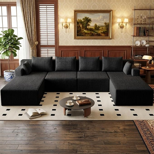 142" Oversized Cloud Modular Sectional Sofa Boneless Couches with Double Chaise Lounge and Deep Seat, Fluffy Corduroy Upholstered Compressed Lounge Sofa & Couches for Living Room