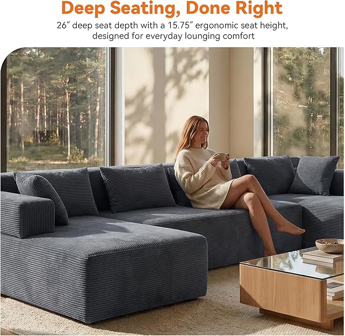 MONVANE 141" U Shaped Cloud Sectional Couch with Chaise Lounge, Modular Sectional Sofa with Removable Armrests, Comfy Corduroy Boneless Couches for Living Room, No Assembly Required, Grey