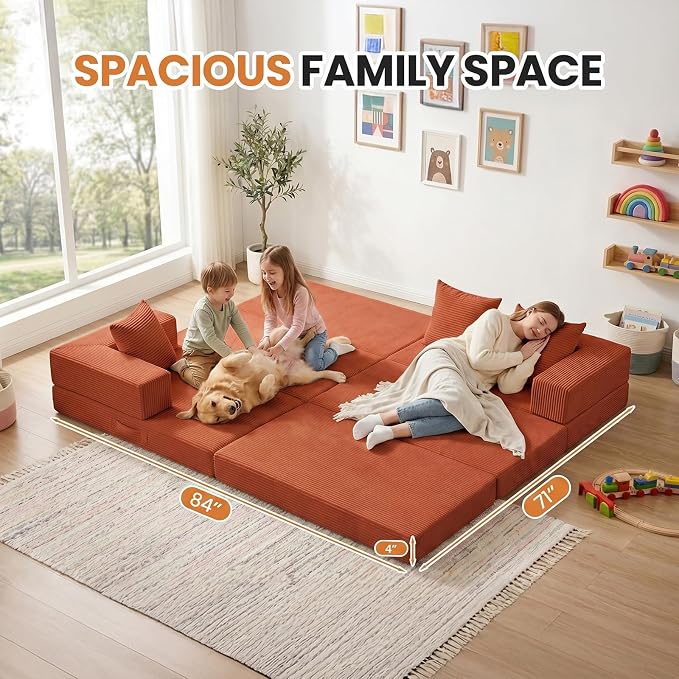 65" Modular Sectional Sofa, Boneless Convertible Sleeper Sofa Bed, Modern Tri-Folding Cloud Couch with L-Shape Chaise, Corduroy Futon Couches for Small Spaces Apartment,No Assembly, Orange