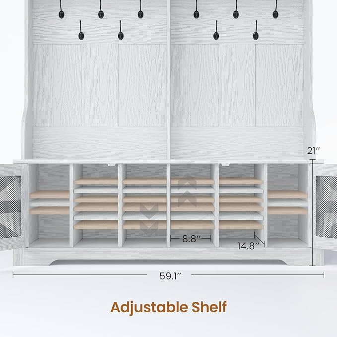 Itaar Hall Tree with Bench and Shoe Storage, 5-in-1 Entryway Bench with Coat Rack, 16 Shoe Cubbies & 12 Coat Hooks, Barn Door & Adjustable Shelf (Embossed White)