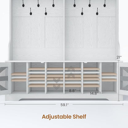 Itaar Hall Tree with Bench and Shoe Storage, 5-in-1 Entryway Bench with Coat Rack, 16 Shoe Cubbies & 12 Coat Hooks, Barn Door & Adjustable Shelf (Embossed White)