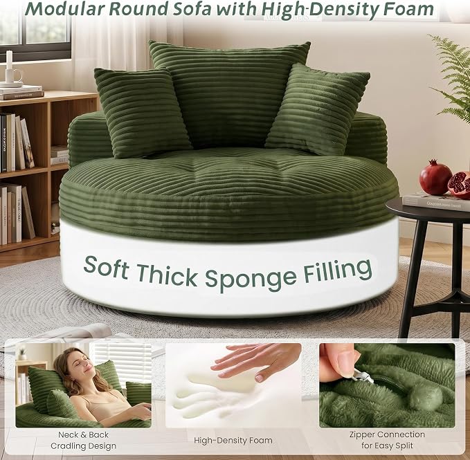 Oversized Round Chaise Lounge Chair, Deep Seat Cloud Boneless Floor Sofa Couch, Upholstered Corduroy Sleeper with 3 Pillows & Optional Ottoman, No Assembly Modern Lazy Floor Lounger for Living Room