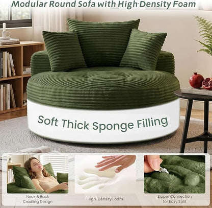 Oversized Round Chaise Lounge Chair, Deep Seat Cloud Boneless Floor Sofa Couch, Upholstered Corduroy Sleeper with 3 Pillows & Optional Ottoman, No Assembly Modern Lazy Floor Lounger for Living Room