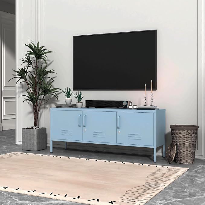 3 Door TV Standwith Storage Locke Metal TV Cabinet with 2-Tier Multi-Purpose Lockable Wide Storage Cabinet, Media Console Table with Metal Legs for Living Room, Bedroom,Office,Blue