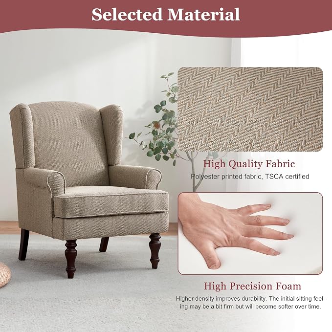 HUIMO Printed Wingback Accent Chair, Linen Upholstered High Back Armchair, Comfy Reading Chair for Living Room Bedroom Study, 300lbs Weight Capacity (1, Brown with Lines)