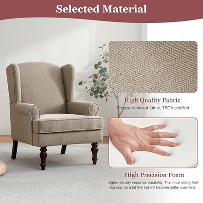 HUIMO Printed Wingback Accent Chair, Linen Upholstered High Back Armchair, Comfy Reading Chair for Living Room Bedroom Study, 300lbs Weight Capacity (1, Brown with Lines)