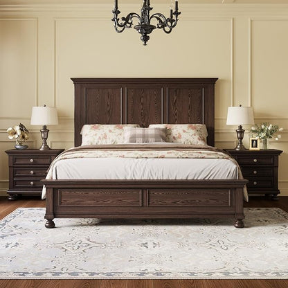 AMERLIFE Solid Wood 3 Piece Bedroom Set Including 65.2" High King Bed Frame, Fully Assembled Nightstands Set of 2 with 2 Storage Drawers for Bedroom, Dark Brown