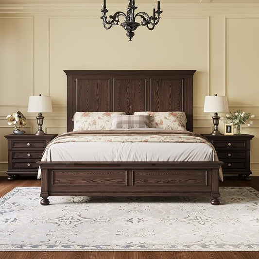 AMERLIFE Solid Wood 3 Piece Bedroom Set Including 65.2" High Queen Bed Frame, Fully Assembled Nightstands Set of 2 with 2 Storage Drawers for Bedroom, Dark Brown