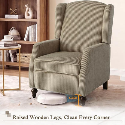 Upholstered Wingback Recliner Chair, Cozy Corduroy Manual Push Back Recliner for Living Room, Bedroom (1, Khaki)
