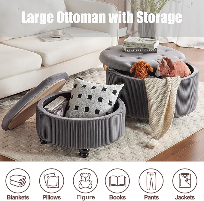 29&24.5inch Large Round Storage Ottoman Coffee Table Set of 2 Modern Button Storage Coffee Table with Removable Lid for Living Room Upholstered Footrest Stool for Bedroom (Large-Grey)
