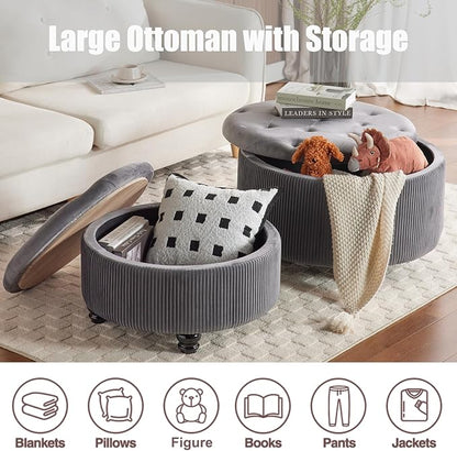 29&24.5inch Large Round Storage Ottoman Coffee Table Set of 2 Modern Button Storage Coffee Table with Removable Lid for Living Room Upholstered Footrest Stool for Bedroom (Large-Grey)